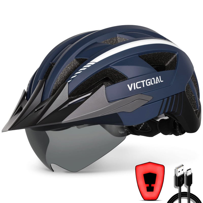 VICTGOAL Bike Helmet with USB Rechargeable Rear Light Detachable Magnetic Goggles Removable Sun Visor Mountain & Road Bicycle Helmets for Men Women Adult Cycling Helmets (L: 57-61 cm, Navy Blue) - Image 1